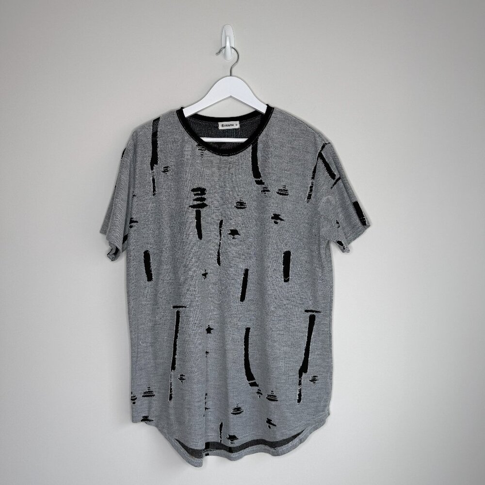 Longline Cotton Shirt Distressed Curved Hem Crew Neck